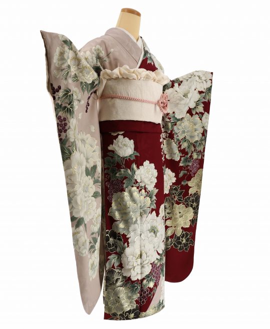 成人式振袖[片身替わり]エンジ×くすみピンクに白の花々[身長159cmまで]No.1112